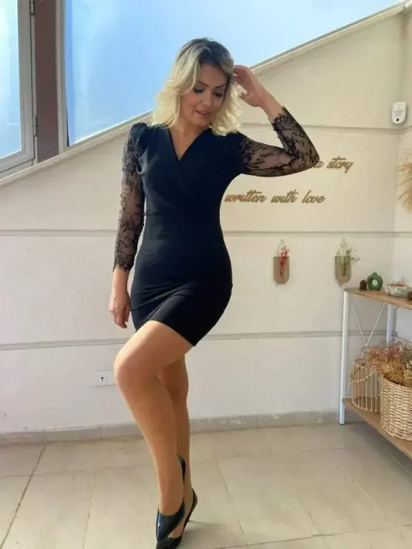 Women's Long Sleeve Crossover Neckline Tulle Detail Crepe Mini Dress - 5