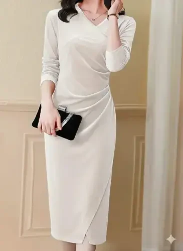 Women's Long Sleeve Crossover V-neck Side Ruched Front Overlap Detailed Midi Velvet Dress - 1