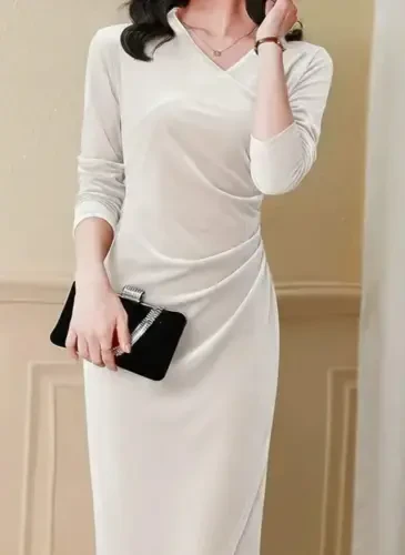 Women's Long Sleeve Crossover V-neck Side Ruched Front Overlap Detailed Midi Velvet Dress - 2
