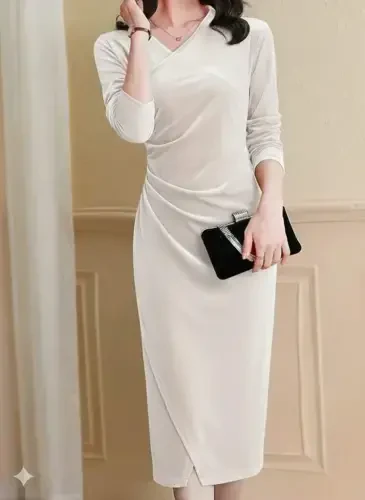 Women's Long Sleeve Crossover V-neck Side Ruched Front Overlap Detailed Midi Velvet Dress - 4