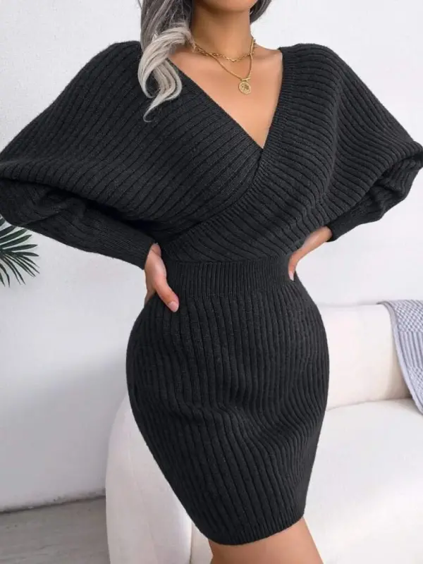 Women's Long Sleeve Crossover Wide Collar Mini Knitted Dress - BÜYÜKBEDENIZ