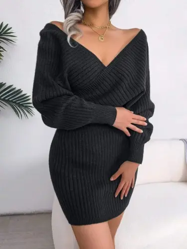 Women's Long Sleeve Crossover Wide Collar Mini Knitted Dress - BÜYÜKBEDENIZ (1)
