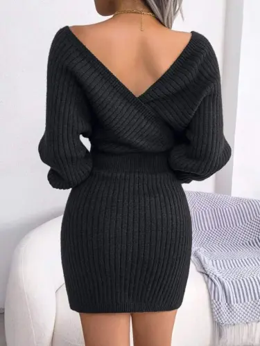 Women's Long Sleeve Crossover Wide Collar Mini Knitted Dress - 4