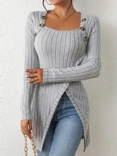 Women's Long Sleeve Deep Square Neck Button Detail Fleece Lined Ribbed Knit Crossover Blouse - 1