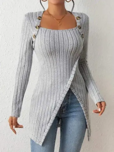 Women's Long Sleeve Deep Square Neck Button Detail Fleece Lined Ribbed Knit Crossover Blouse - BÜYÜKBEDENIZ (1)