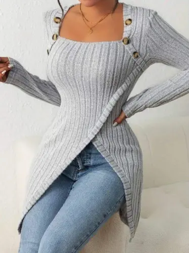 Women's Long Sleeve Deep Square Neck Button Detail Fleece Lined Ribbed Knit Crossover Blouse - 5