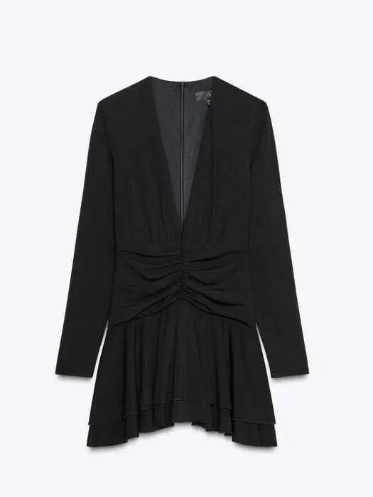 Women's Long Sleeve Deep V Neck And Extra Flounce Detail Slimming Shorts Dress - 4