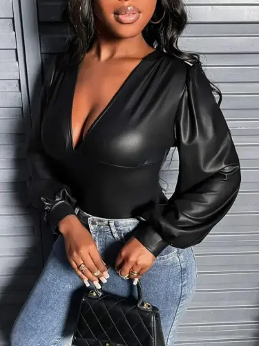 Women's Long Sleeve Deep V Neck Leather Bodysuit - 1