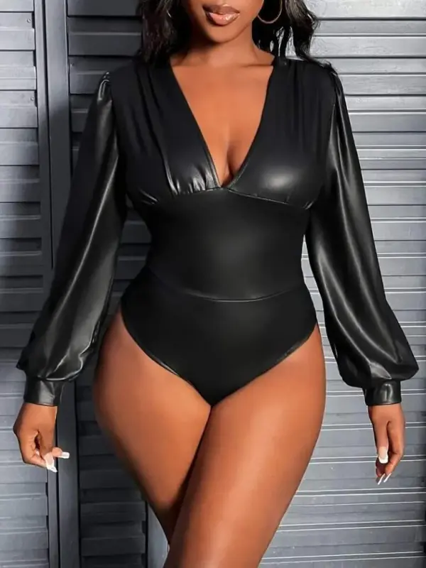 Women's Long Sleeve Deep V Neck Leather Bodysuit - 2