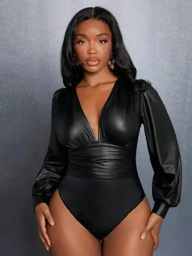 Women's Long Sleeve Deep V Neck Leather Bodysuit - 3