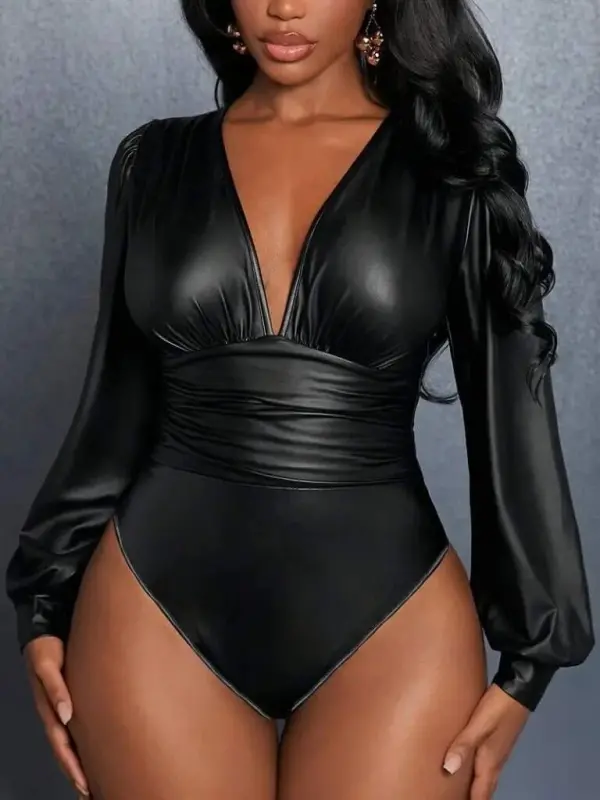Women's Long Sleeve Deep V Neck Leather Bodysuit - 4