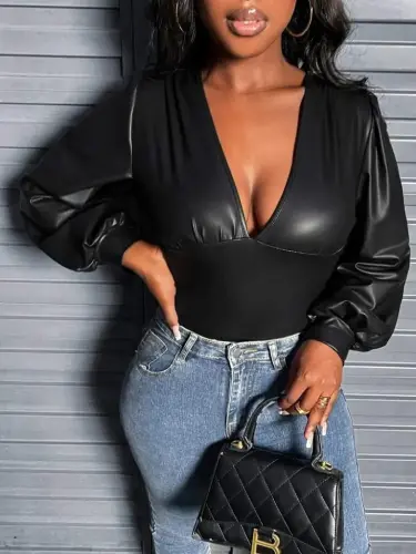 Women's Long Sleeve Deep V Neck Leather Bodysuit - 6