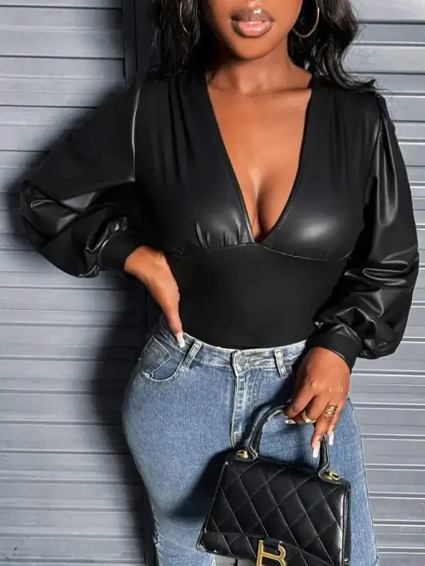 Women's Long Sleeve Deep V Neck Leather Bodysuit - 6