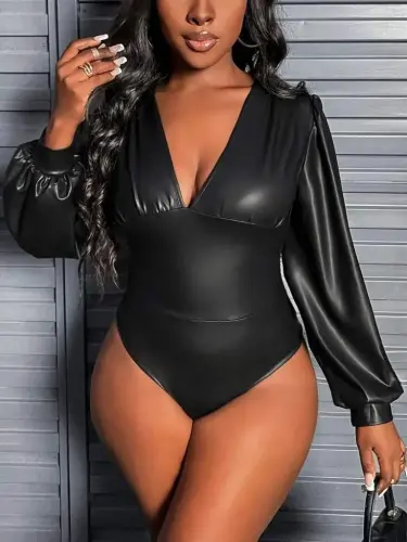 Women's Long Sleeve Deep V Neck Leather Bodysuit - 8