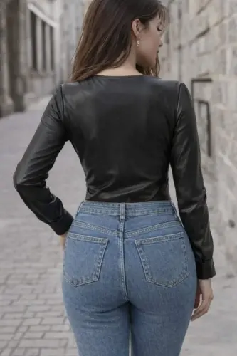 Women's Long Sleeve Deep V Neck Leather Bodysuit - 3