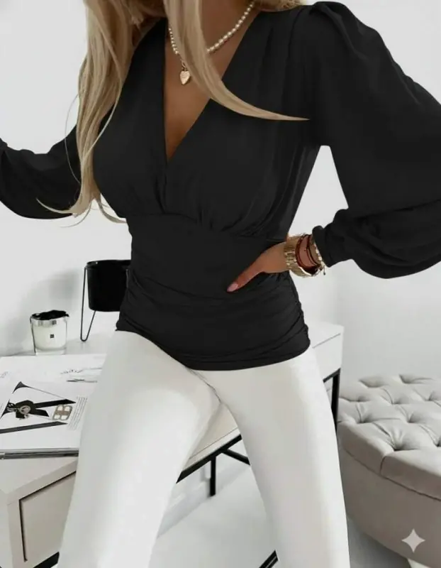 Women's Long Sleeve Deep V Neck Ruched Front Sandy Blouse - 3