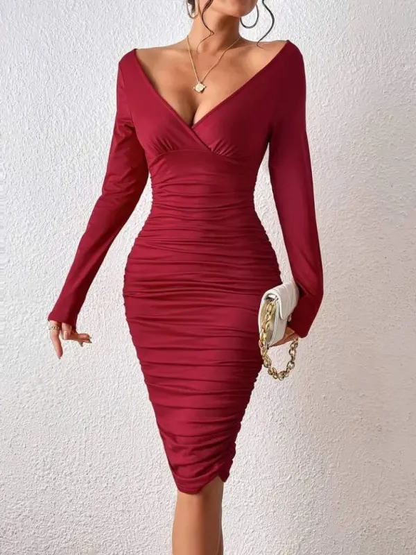 Women's Long Sleeve Deep V-Neck Ruched Sandy Midi Dress - 1
