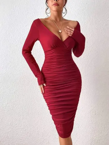 Women's Long Sleeve Deep V-Neck Ruched Sandy Midi Dress - 4
