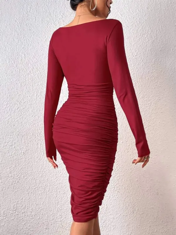 Women's Long Sleeve Deep V-Neck Ruched Sandy Midi Dress - 5