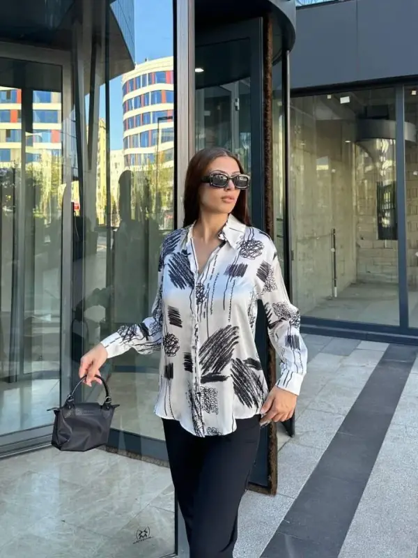 Women's Long Sleeve Digital Printed Baggy Satin Shirt - 1