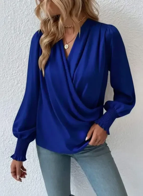 Women's Long Sleeve Drape Collar Guipure Cuff Sandy Navy Blue Blouse - BÜYÜKBEDENIZ