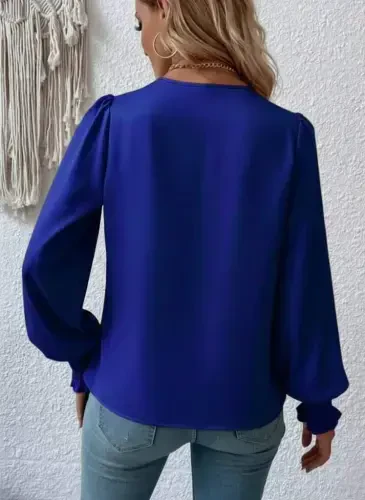 Women's Long Sleeve Drape Collar Guipure Cuff Sandy Navy Blue Blouse - 3