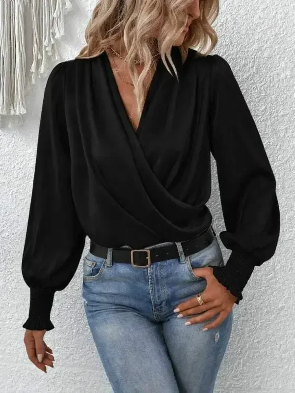 Women's Long Sleeve Draped Crossover Neckline Guipure Cuff Sandy Blouse - 2