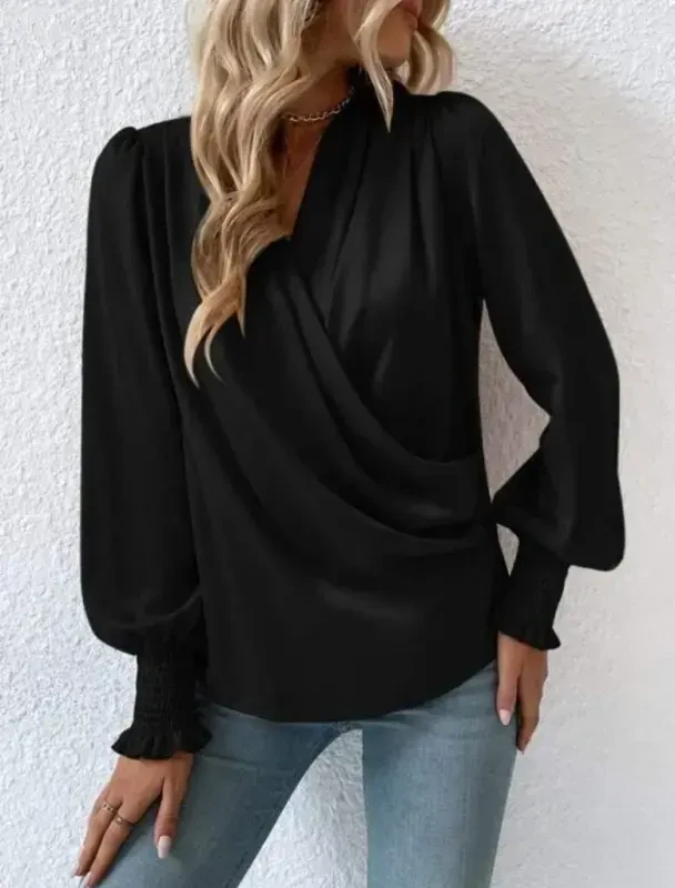Women's Long Sleeve Draped Crossover Neckline Guipure Cuff Sandy Blouse - 3