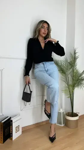 Women's Long Sleeve Draped Crossover Neckline Guipure Cuff Sandy Blouse - 6