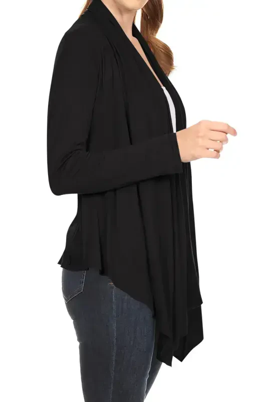 Women's Long Sleeve Draped Neck Open Front Waist Length Solid Cardigan - MOA COLLECTION