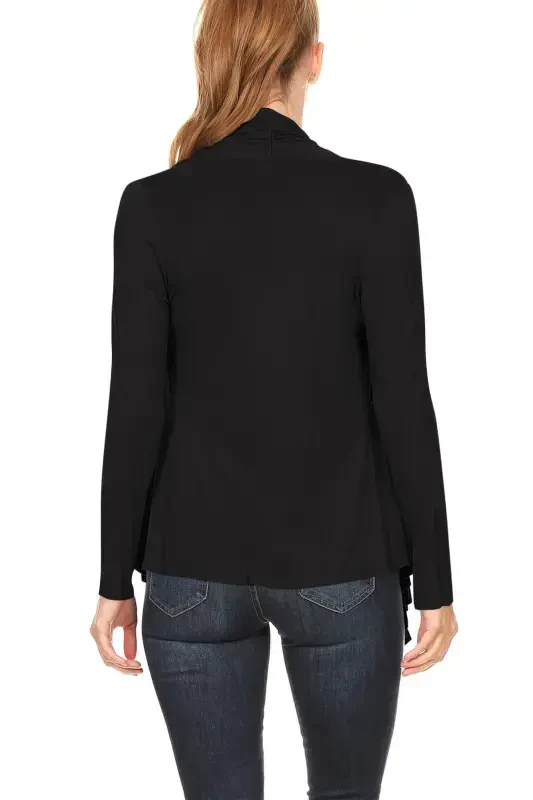 Women's Long Sleeve Draped Neck Open Front Waist Length Solid Cardigan - 2