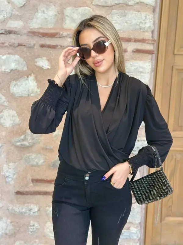 Women's Long Sleeve Draped Wrap Neck Smocked Cuff Sandy Blouse - 1