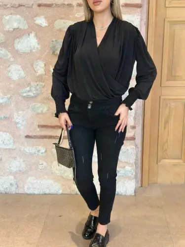 Women's Long Sleeve Draped Wrap Neck Smocked Cuff Sandy Blouse - BÜYÜKBEDENIZ (1)