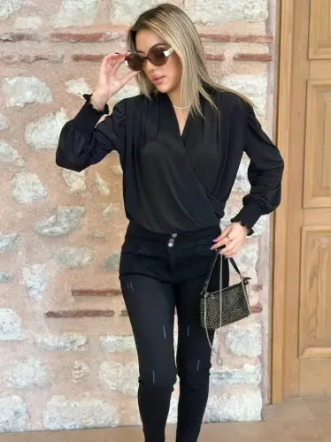 Women's Long Sleeve Draped Wrap Neck Smocked Cuff Sandy Blouse - 6