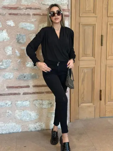 Women's Long Sleeve Draped Wrap Neck Smocked Cuff Sandy Blouse - 8