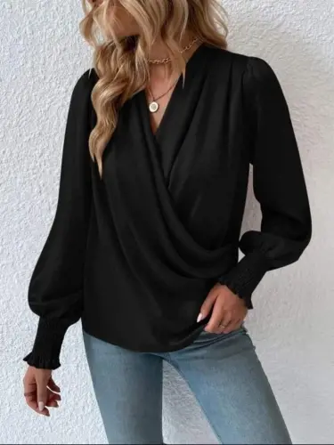Women's Long Sleeve Draped Wrap Neck Smocked Cuff Sandy Blouse - 1