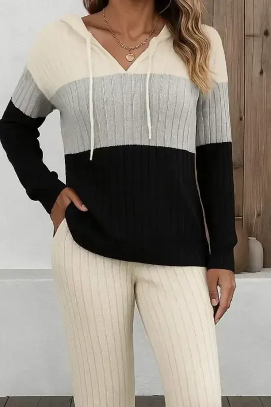 Women's Long Sleeve Drawstring Color Block Fleece Knit Blouse and Pants Set - 2