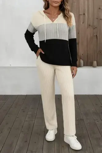 Women's Long Sleeve Drawstring Color Block Fleece Knit Blouse and Pants Set - 3