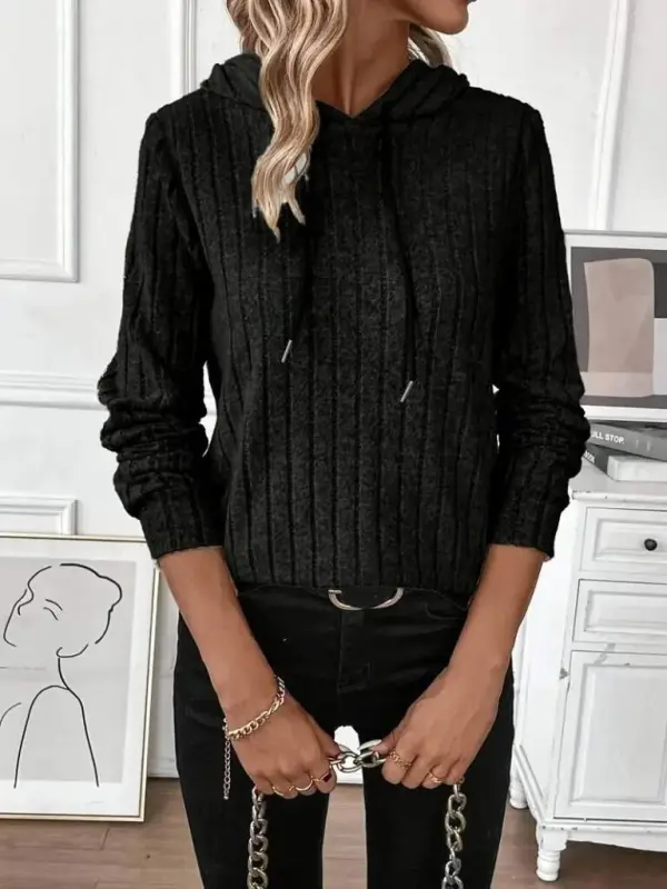 Women's Long Sleeve Drawstring Hooded Fleece Lined Ribbed Blouse - 2