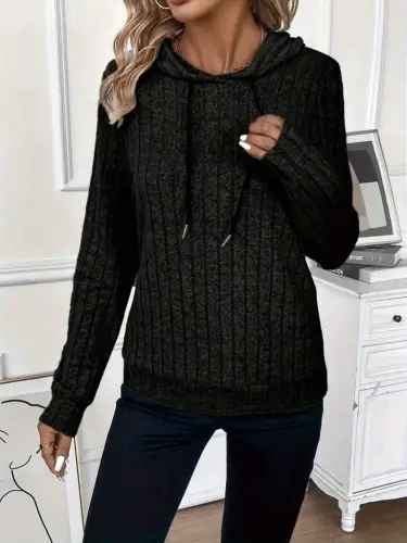 Women's Long Sleeve Drawstring Hooded Fleece Lined Ribbed Blouse - 3