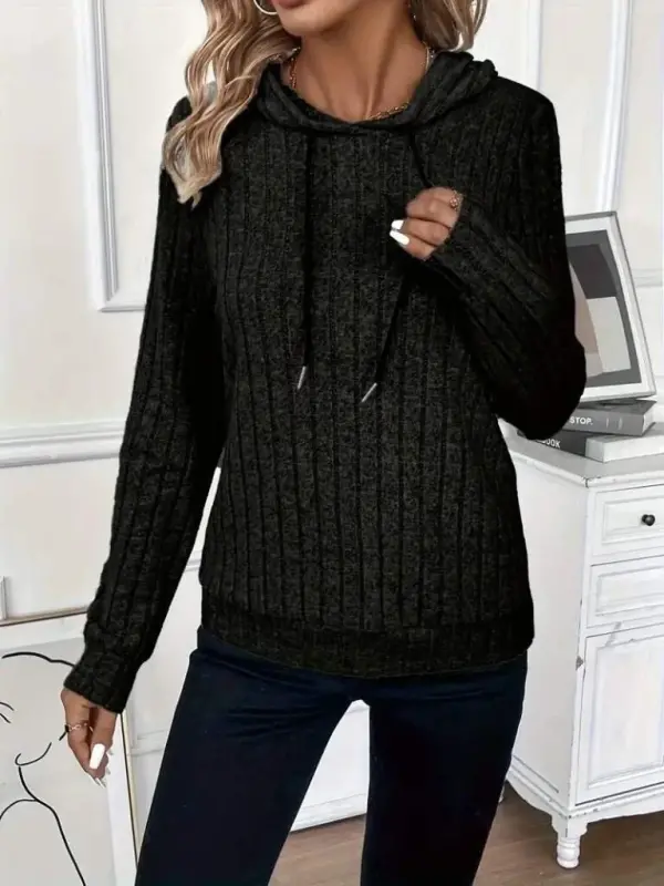 Women's Long Sleeve Drawstring Hooded Fleece Lined Ribbed Blouse - 3