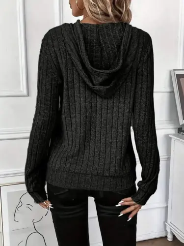 Women's Long Sleeve Drawstring Hooded Fleece Lined Ribbed Blouse - 4