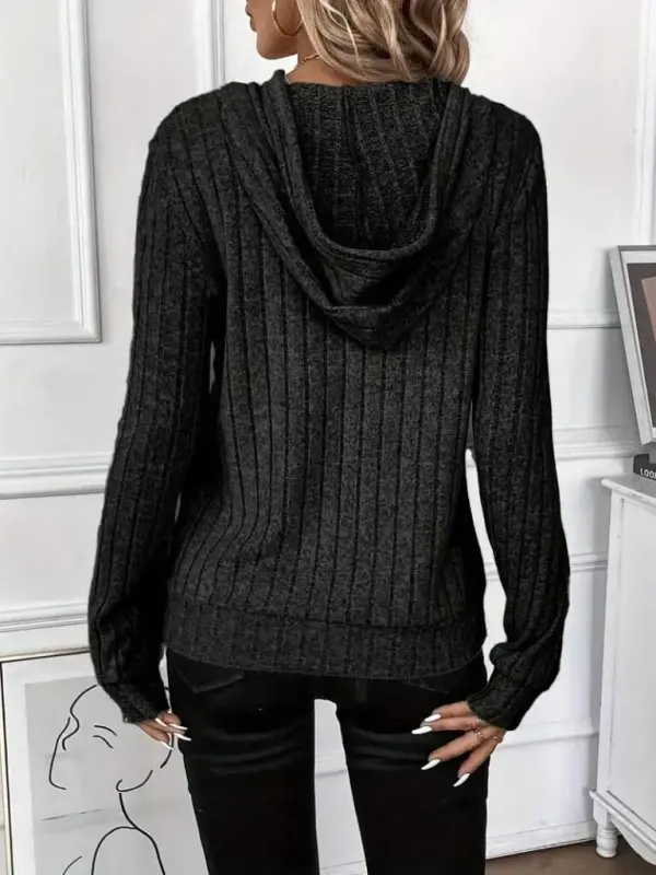 Women's Long Sleeve Drawstring Hooded Fleece Lined Ribbed Blouse - 4
