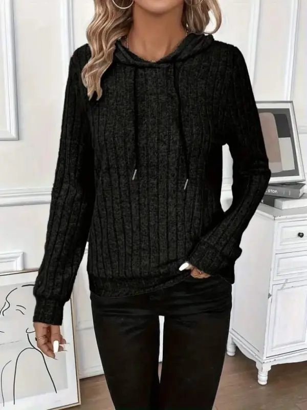 Women's Long Sleeve Drawstring Hooded Fleece Lined Ribbed Blouse - 5