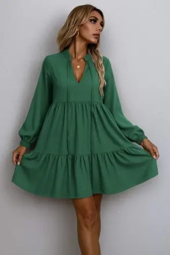 Women's Long Sleeve Drawstring Ruffled Linen Mini Dress - 1