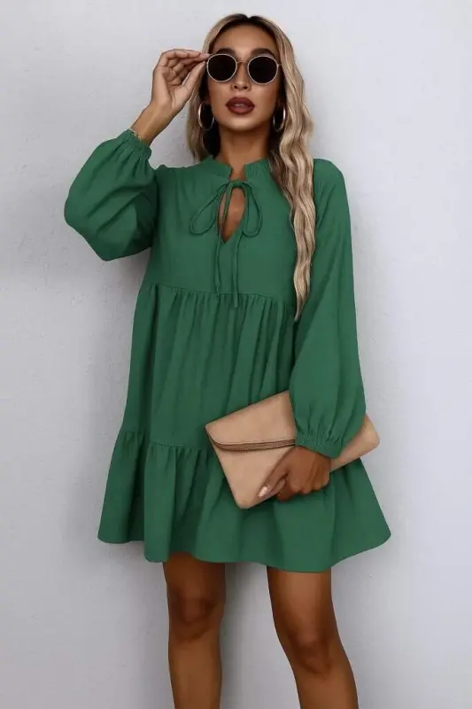 Women's Long Sleeve Drawstring Ruffled Linen Mini Dress - 3