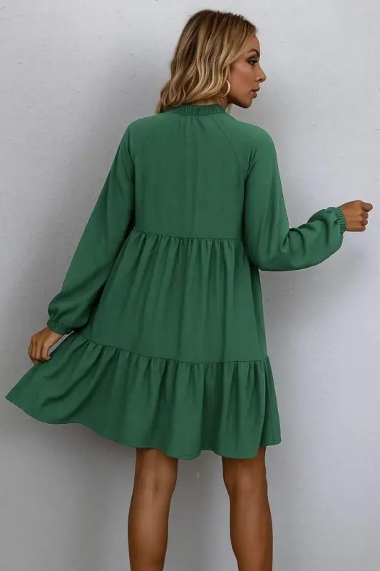 Women's Long Sleeve Drawstring Ruffled Linen Mini Dress - 4