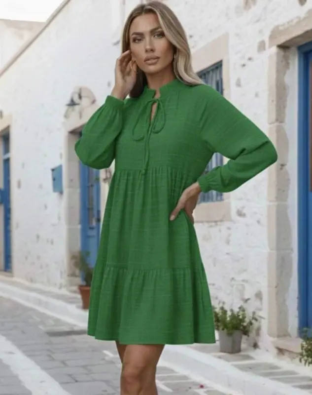 Women's Long Sleeve Drawstring Ruffled Linen Mini Dress - BÜYÜKBEDENIZ