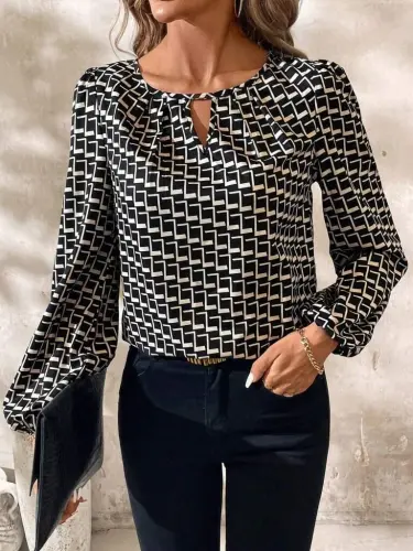 Women's Long Sleeve Drop Detailed Collar Patterned Supreme Blouse - 1