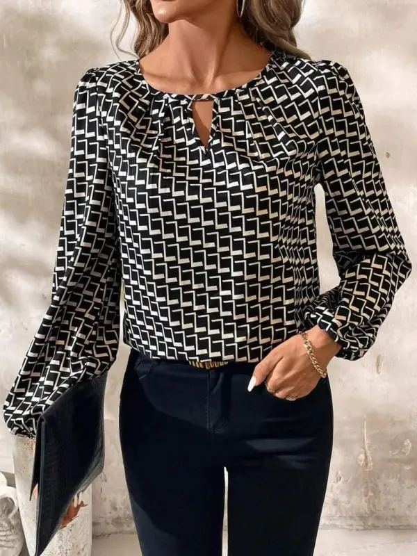 Women's Long Sleeve Drop Detailed Collar Patterned Supreme Blouse - 1